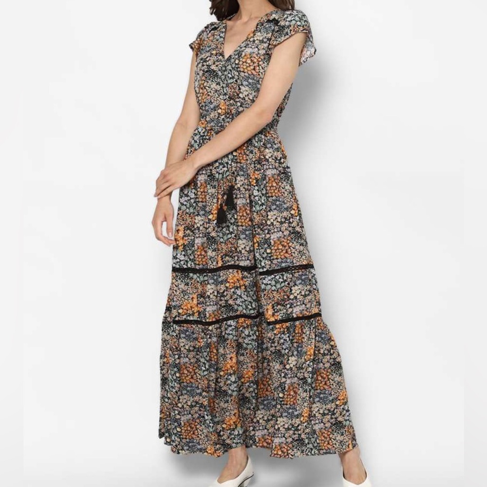 American Eagle AE floral tiered crochet button down maxi size small